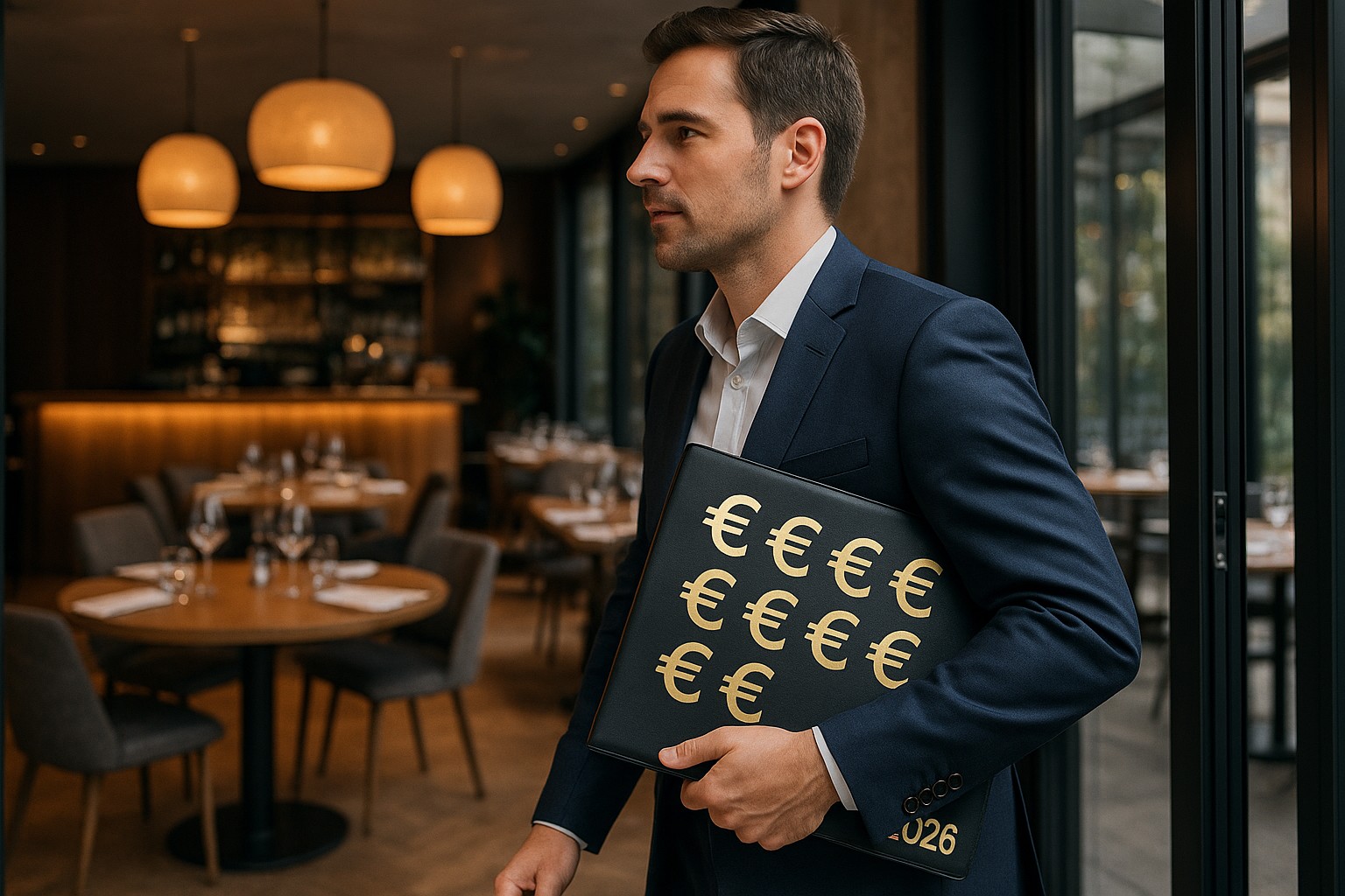 Un comercial de una distribuidora entrando a un restaurante para negociar las plantillas con el cliente.