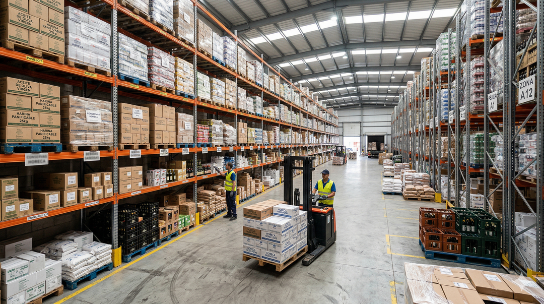 Un almacén logístico con todo tipo de mercancías y dos operarios trabajando