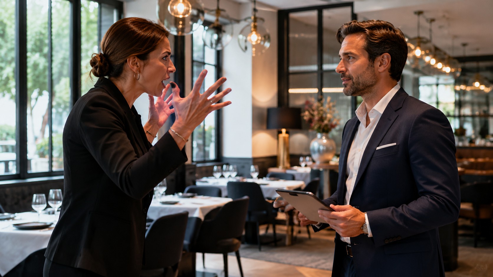 dueña de un restaurante enfadada con un comercial